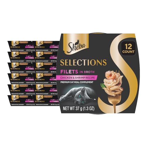 Sheba Selections Filets in Broth Adult Cat Food Wet Recipe Meal Complement Wet Cat Food Variety Pack Chicken & Shrimp Recipe 1.3 oz. Cups 12 Count