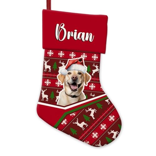 BAGEYOU Labrador Retriever Cane con Cappello di Babbo Natale Decorazione Calza di Natale Nome Personalizzato Renna Fiocco di Neve Albero di Natale Cremisi Calze da Appendere per la Casa Festa Decor