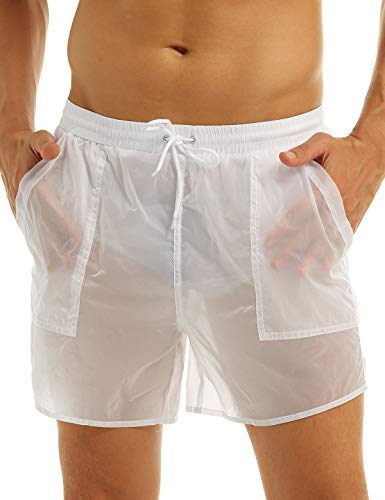 inlzdz Herren Badehose Halb-Transparent Badeshorts Kurze Hose Shorts Schwimmen Shorts Schnell Trocknend Strand Casual Shorts mit Taschen Weiß XL