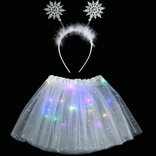 YUYWWAN Deguisement Noel Flocon de Neige 2 Pièces Sert Tete Noël Blanc Led Tutu Blanc Déguisement de Noël pour Fête de Noel, Fête de Carnaval, Cosplay Party