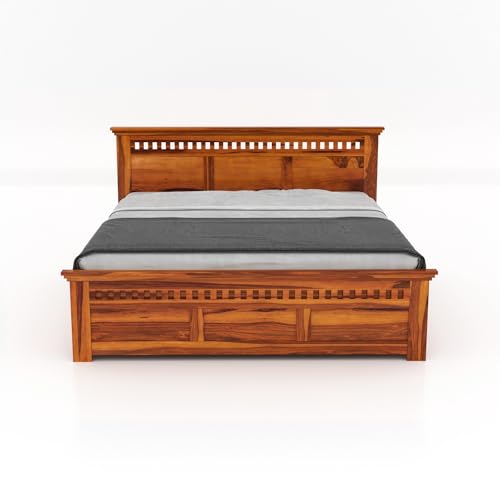 Image of Sheesham Wood Adolph King Size Bed with Box Storage for Bedroom Living Room Wooden Double Bed Palang (Honey Finish)