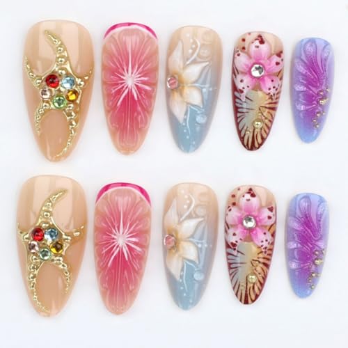 Image of Pastel Flower Press on Nails with 3D Floral Design Medium Almond Fake Nails Colorful Decor Stick on Nail Glossy Full Cover for Women Manicure 24Pcs