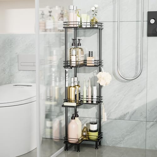 Image of Consumest Corner Shower Caddy Standing - 4-Tier Stainless Steel Shower Organizer with Soap Holder and 4 Hooks, Large Capacity Corner Shelf Stand for Bathroom, Rest Room, Black