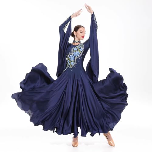 JRUIA Atuendo Estándar para Baile De Salón Vestidos De Competición De Vals Y Tango para Mujer Traje De Baile Flamenco con Bordados Falda Elegante para Baile Social,Azul,3XL
