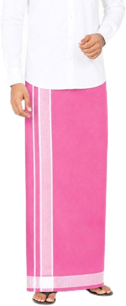 Men's Cotton Colored Dhoti with Fancy Border Kerala-style Veshti Mundu Kaili Lungi 2.0 Mtrs