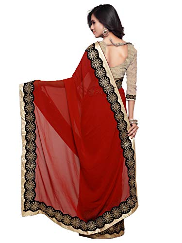 Sourbh Women's Designer Embroidered Border Lace Work Partywear Sari With Blouse Piece (Red, Onesize) #TOP1