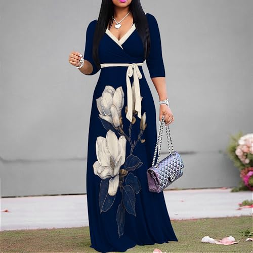 Image of Women Plus Size Long Sleeve V Neck Maxi Dress with Belt | Soft fabric relaxed fit three quarter sleeve v neck with pockets for party and daily wear