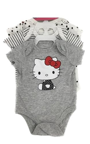 Image of Hello Kitty Baby Girls, Set of 3 Bodysuits (Heather Grey, Black/White Striped, Black Polka Dots, 6/9)