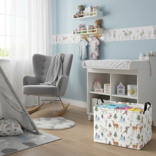 Image of Rectangular Kids Basket Baby Girl Basket Fabric Storage Bin Organizer Box Room Decor(White Animal)