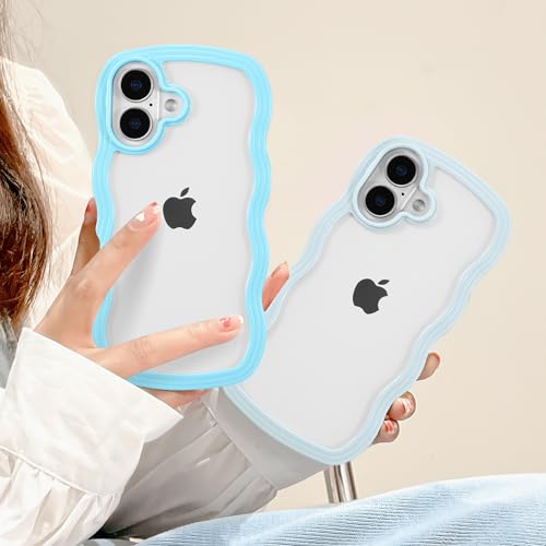 Coque iPhone 16 Plus bleu clair esthétique vague pour fille