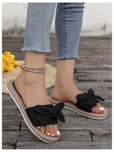 Image of GORGLITTER Women's Bow Flat Sandals Open Toe Slip On Slide Slipper Shoes | Sandals Women Comfortable, Dressy Sandal Women, Y2k Shoes, Dress Slippers for Women, Flats