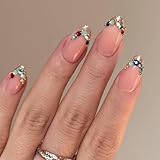 Fomkrio 3D Press On Nails Rhinestone Gold French Tip Short Almond Fake Nails with Designs Bling Shimmery Tips False Nails with Cute Colorful Sparkly Gems for Women Girls Finger Manicure - 24 Pcs