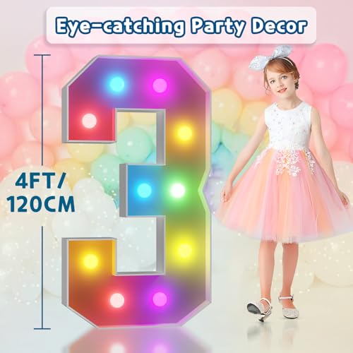Image of Imprsv Colorful 4FT Marquee Numbers 3, 18 Colors Large Light up Numbers | RGB with Remote, Birthday Party Decorations Anniversary Wedding Decorations Assembly Required 24 Pcs Accessory Set