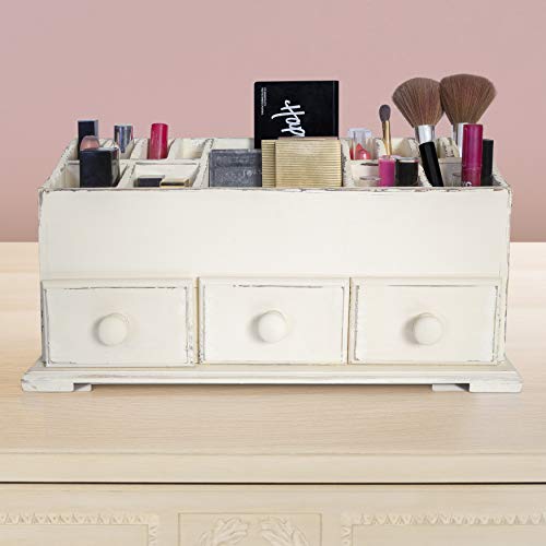 Vanity Drawer Beauty Organizer 3 Drawers - Wooden Cosmetic Storage Box for Neat & Organize Storing of Makeup Tools, Small Accessories at Home & Office Vanities & Bathroom Counter-top (Rustic White) - Thumbnail 2