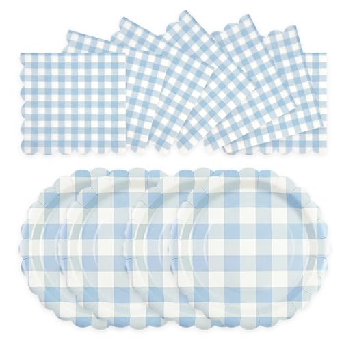 PUEVENYI 50PCS Light Blue Gingham Party Supplies - 7Inch Blue Scalloped Dessert Paper Plates and Napkins Set Disposable Plaid Dinner Party Set Cutlery for Baby Shower Birthday Wedding Serve 25