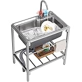 Natliedop Fregadero de Cocina portátil de Acero Inoxidable, Fregadero de Banco de Trabajo al Aire Libre, Grifo Giratorio de 360°（Conmutación de frío y Calor - Fregaderos comerciales para restaurantes