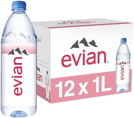 Evian Natural Spring Water (One Case of 12 Individual Bottles, each bottle is 1 liter) Naturally Filtered Spring Water in Large Bottles