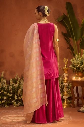 Image of FIORRA Women Rani Pink Ice Velvet Embroidered Kurta Set with Dupatta