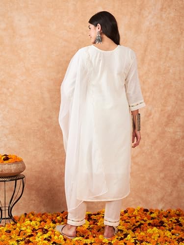 Image of INDO ERA Women's Embroidered Straight Kurta & Pant with Dupatta Set