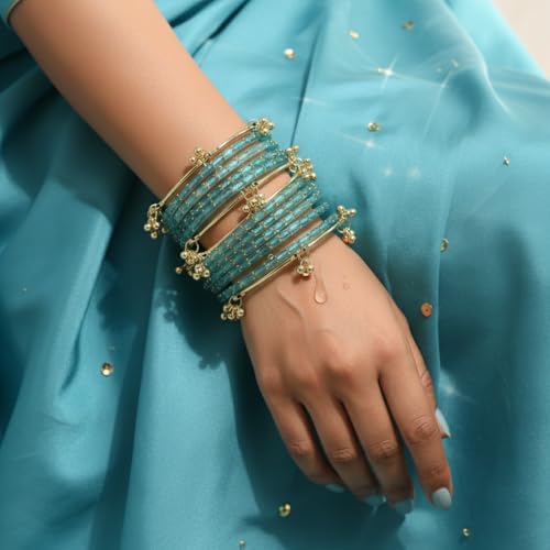 Image of NEW SURYA ENTRPRISES Kashmiri Ghangharoo Glass Bangle Set for Women|Light Weight Bangles|Traditional Transparent Fancy Glass Chudi Set Of 16(12 Glass + 4 ghungroo bangles)