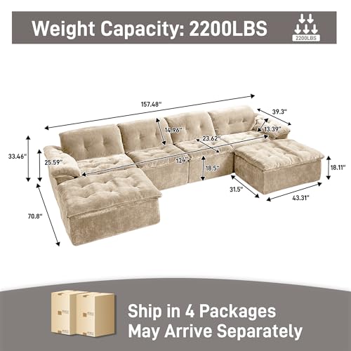 Image of 157 inch Oversized U Shaped Sectional Cloud Couch, Large Modern Cloud Sectional Couch with Ottoman, Chenille 6 Seat Sofa Set, Modular Sectional Sofa for Living Room, No Assembly Required, Coffee