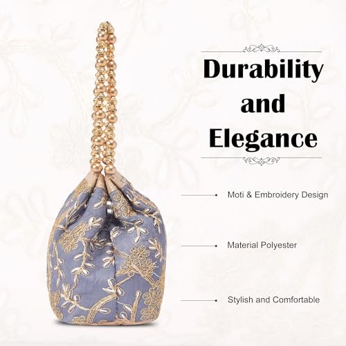 Image of Kuber Industries Pack of 2 Potli Bags for Ladies & Girls | Women Shagun Pouches for Festive Seasons | Bridal Purse | Moti Embroidery- Peach & Grey
