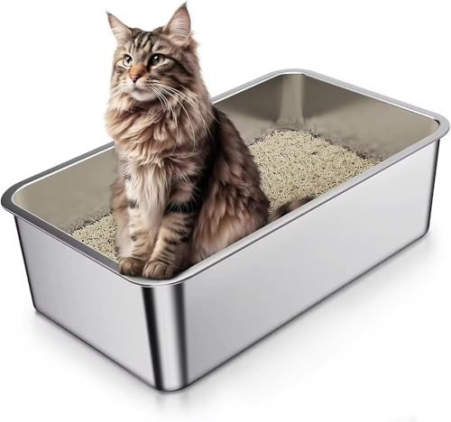 Cat Litter Box Stainless Steel Cat Litter Box Metal Litter Pan Tray with High Wall Sides Enclosure for Kitty and Rabbits Non-Sticky Odorless Cat Toilet Anti-Leakage Splash-Proof Pet Litter Box