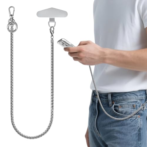 Image of ROCONTRIP Anti-Theft Phone Lanyard Tether & Pants Chain Heavy-Duty Phone Strap With Metal Tether Tab Detachable Anti-Drop Lanyard for iPhone,Wallet,Key Great for Outdoor Hiking Cycling(Bright Silver)