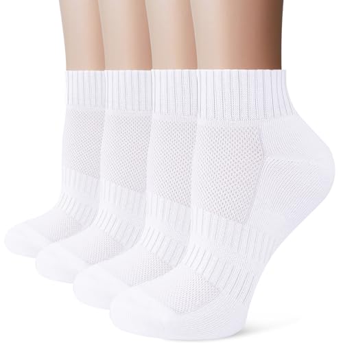 Stoeury White Sports Ankle Socks Women Anti Blister Cushioned Quarter Socks Mens Black Ladies Trainer Walking Running Sock Breathable Cotton Casual Athletic Gym Sock 4 Pairs White 6-8