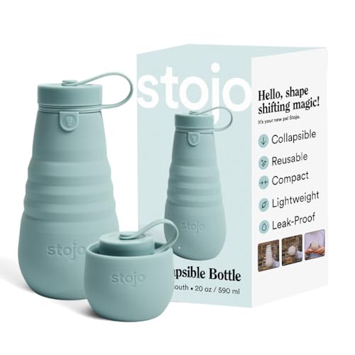 STOJO Collapsible Water Bottle - Aquamarine, 20oz / 592ml - Leak-Proof Reusable Silicone Travel Cup...