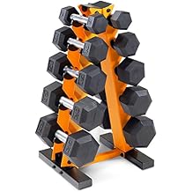 WF Athletic Supply 5-25Lb Rubber Coated Hex Dumbbell Set with A Frame Storage Rack Non-Slip Hex Shape for Muscle Toning, Strength Building & Weight Loss - Multiple Choices Available