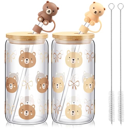 LemonRoad 2 Set Bear Glass Cups Include 16 oz Drinking Glasses Jar with Lid and Straw, Bear Straw Topper, Cleaning Brush Cute Coffee Cups for Women Men Holiday Christmas Birthday Gifts