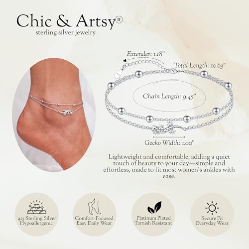 Image of CHIC & ARTSY 925 Sterling Silver Ankle Bracelets for Women, Adjustable Layered Foot Chains with Nature & Symbol Charms, Lightweight Comfort Fit Boho Beach Everyday Jewelry