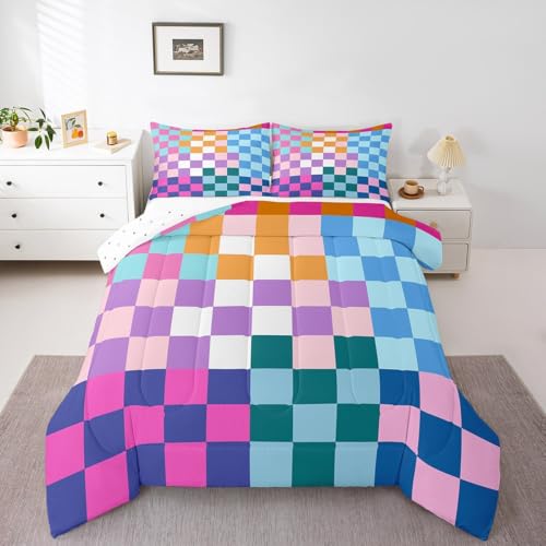 Image of Feelyou Multicolored Checkered Retro Bedding Set Kids Boys Girls Geometric Vintage Comforter Set King Size Rainbow Colorful Duvet Insert Modern Simple Groovy Aesthetic Room Decor