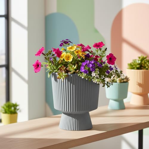 Image of Xtore Striking Pedestal Ceramic Planter Pot for Indoor Plants | Elevated Ribbed Flower Pot for Home, Office Desk & Balcony Decor (Matte Grey - Planter only)