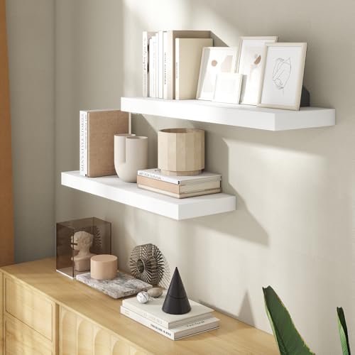 Image of 30 Inch Floating Shelves for Wall, 8 Inch Deep Floating Shelf for Storage & Display, Rustic Wall Mounted Shelf with Invisible Brackets for Living Room, Kitchen, Bathroom, Home Decor, Set of 2, White