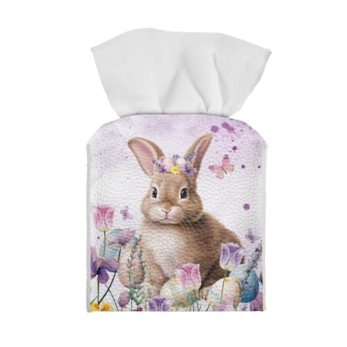 Snilety Decoración de Pascua para caja de pañuelos, cuadrada, bonito conejo, soporte de pañuelos de piel sintética para baño, impermeable, organizador de decoración del hogar para mesa, coche,
