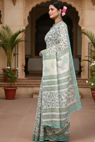Image of Mulmul Cotton Saree for Women with Blouse Piece | Ajark Sarees | Hand Block Prints Sari | Bagru Print | Soft Mul Cotton Sadi