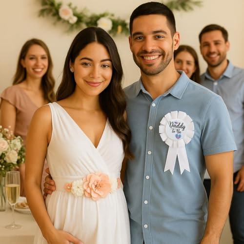 Image of Wanna Party Maternity Sash Floral Waistband and Corsage Set - Floral Belly Band with Dad to Be Pin for Baby Shower Party Decorations and Pregnancy Photoshoot Gift