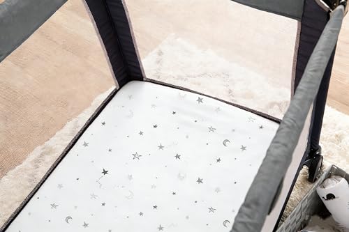 Image of American Baby Company Cotton Fitted Pack and Play Sheet 39x27 inch,GY Star&Moon | 100% Natural Cotton Pack N Play Sheet for Playpen, Playard & Mini Crib Mattress - Soft & Breathable, Neutral for Boys & Girls