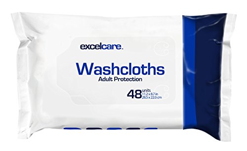 Disposable Washcloths by Excelcare - Adult Wipes for Incontinence - Quick Dry Bath. Keep in your Bathroom. Full Hand Size. Made with Aloe Vera, Purified Water Wipes. (48 Ct)