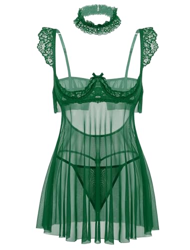 Avidlove Women Sexy Lingerie Lace Underwire Lingerie Set V Neck Sexy Push Up Babydoll Dress Green M