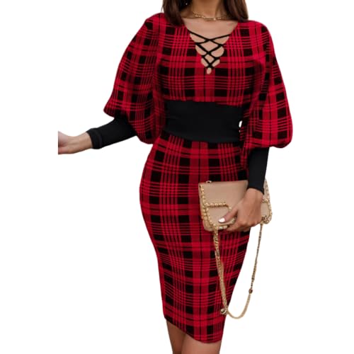 Women’s Geometric Pattern Lace Up V Neck Lantern Sleeves Dress Elegant Business Casual Bodycon Pencil Dresses