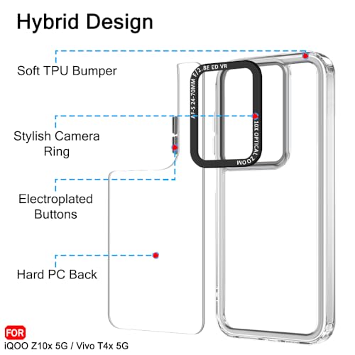 Image of TheGiftKart Hybrid Shockproof Back Cover Case for iQOO Z10x 5G / Vivo T4x 5G | Stylish Camera Border | Electroplated Buttons | Crystal Clear Hard Back Cover Case (TPU & PC, Transparent Bumper)