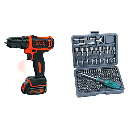 BLACK+DECKER BDCDD12-QW Perceuse-visseuse sans fil - Chargeur inclus, 10.8V, Sans coffret, 1 batterie & Mannesmann 29896 Coffret de vissage 122 pièces (Import...