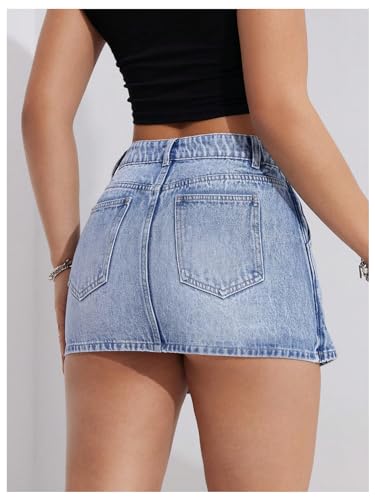 MakeMeChic Women's Wrap Denim Skirts Button Front Asymmetrical Hem Short Jean Skirt2