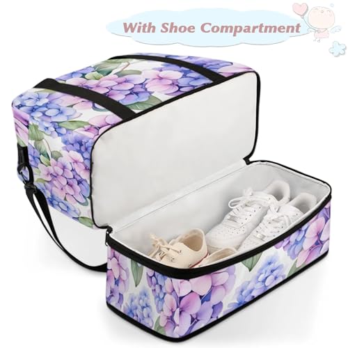 Large Weekender Overnight Bags Travel Duffel Bag for Women Men Watercolor Hydrangea Flower Gym Bags With Shoe Compartment Foldie Travel Tote Bag Carry On Personal Item Bag for Travel Gym Sports4