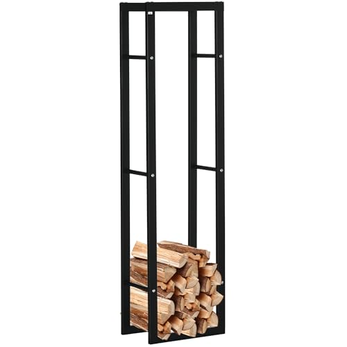 HOMCOM Soporte para Leña para Chimenea Estante de Leña Metálico Leñero de Exterior de Metal para Interior y Exterior Carga 100 kg 40x25x150 cm Negro