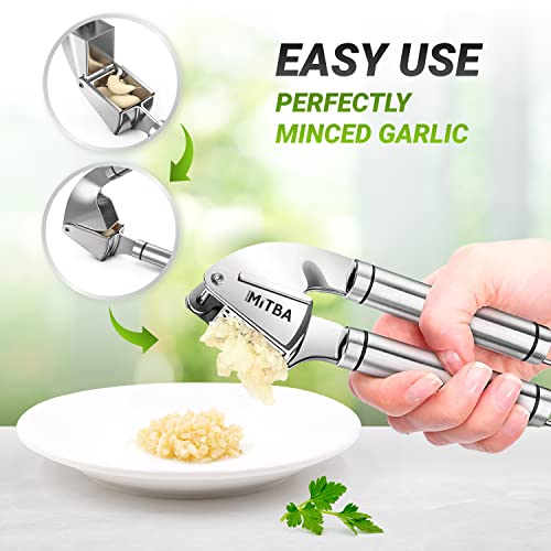 MiTBA Garlic Press set- Professional Stainless Steel Mincer, User Friendly With Non-Slip Handles Easy To Clean, And Highly Durable. Crusher Silicone Tube Peeler & Cleaning Brush Included (Silver)