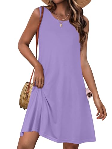 Womens Summer Dresses Casual Sleeveless Tshirt Sundress Beach Cover Up with Pockets Loose Tank Dress(Purple, L)
